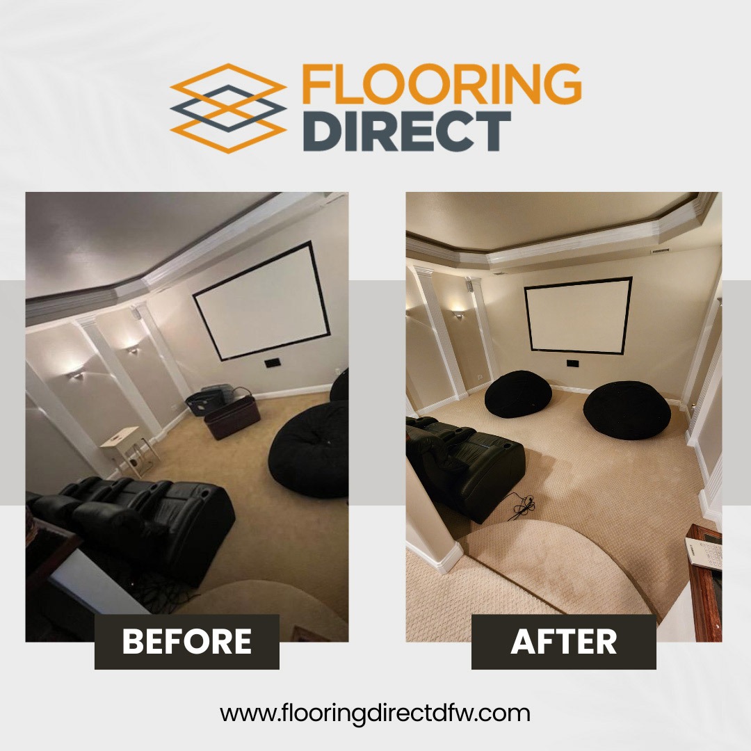 Before and Installation Carpet in a movie room.