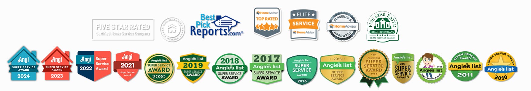 Flooring Direct Badges and Awards including 14 years of Angi's Super Service Award, Google Guaranteed, Home Advisor and more.